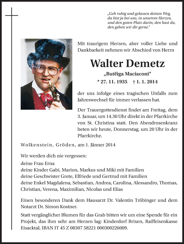  Traueranzeige für Walter Demetz vom 02.01.2014 aus Dolomiten