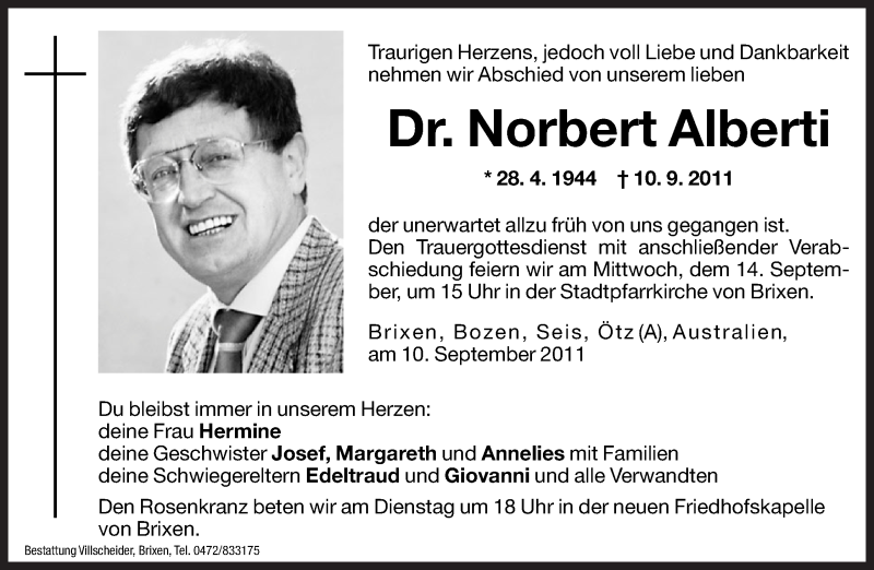  Traueranzeige für Norbert Alberti vom 12.09.2011 aus Dolomiten