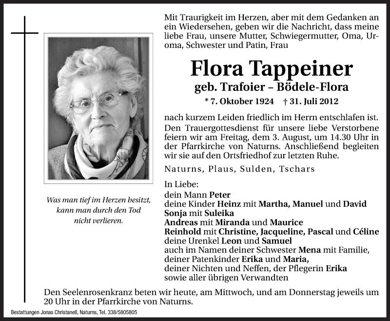  Traueranzeige für Flora Tappeiner vom 01.08.2012 aus Dolomiten