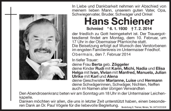 Traueranzeige von Hans Schiener von Dolomiten