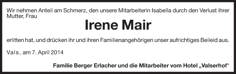  Traueranzeige für Irene Mair vom 07.04.2014 aus Dolomiten