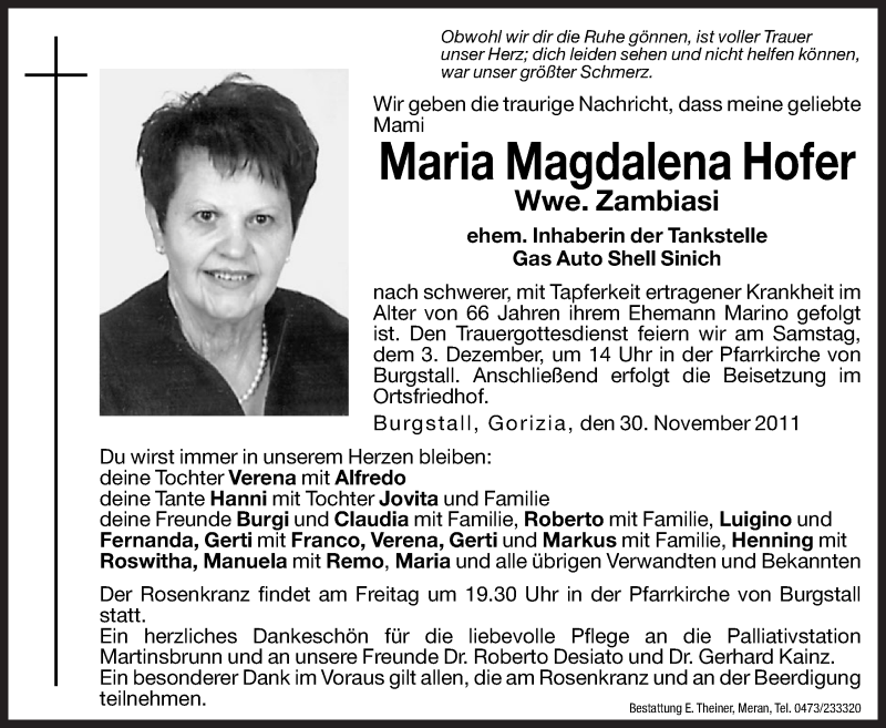  Traueranzeige für Maria Magdalena Zambiasi vom 02.12.2011 aus Dolomiten