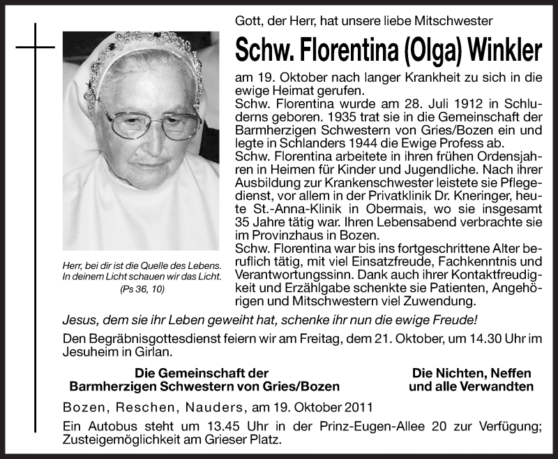  Traueranzeige für Florentina (Olga) Winkler vom 20.10.2011 aus Dolomiten