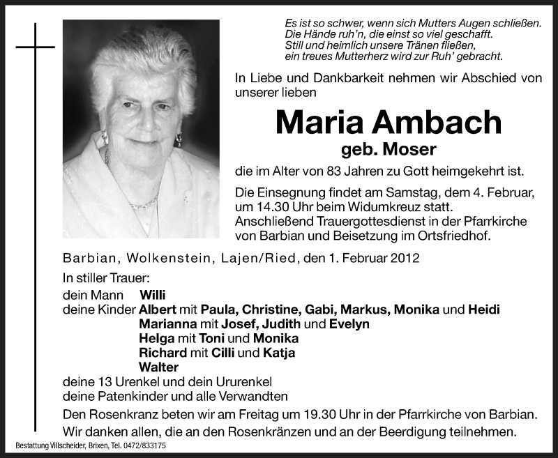  Traueranzeige für Maria Ambach vom 03.02.2012 aus Dolomiten