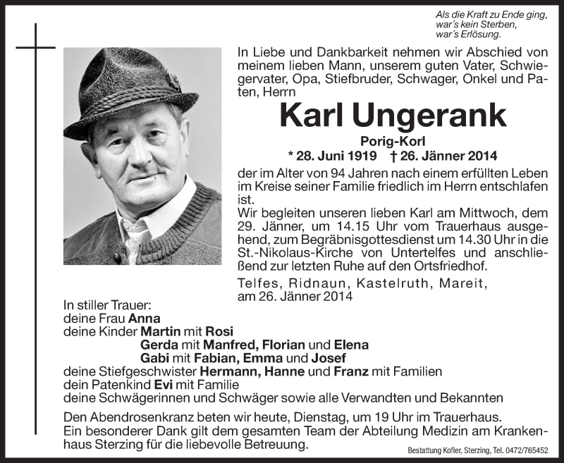  Traueranzeige für Karl Ungerank vom 28.01.2014 aus Dolomiten