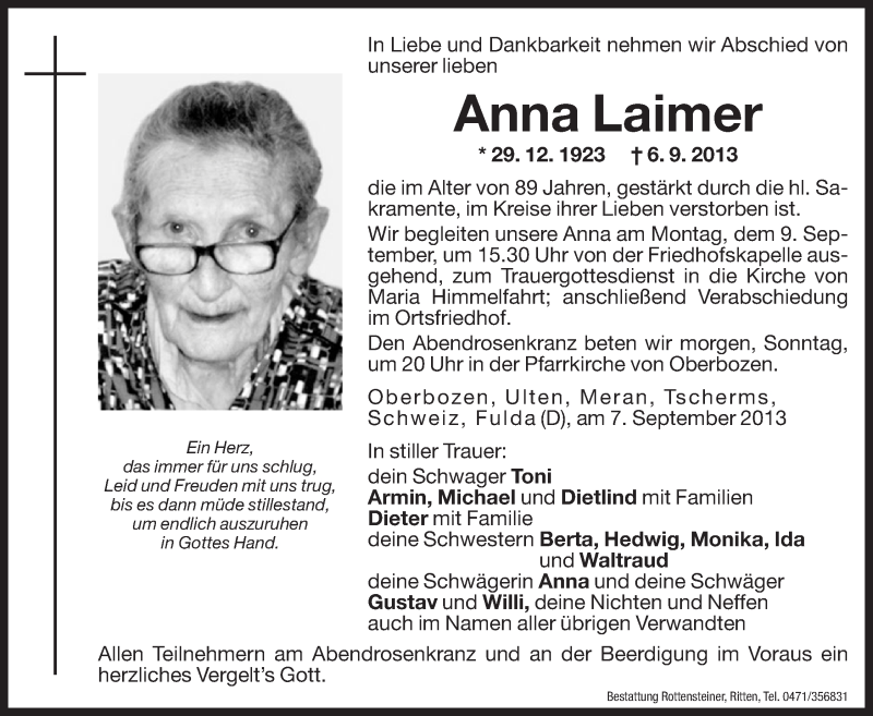  Traueranzeige für Anna Laimer vom 07.09.2013 aus Dolomiten