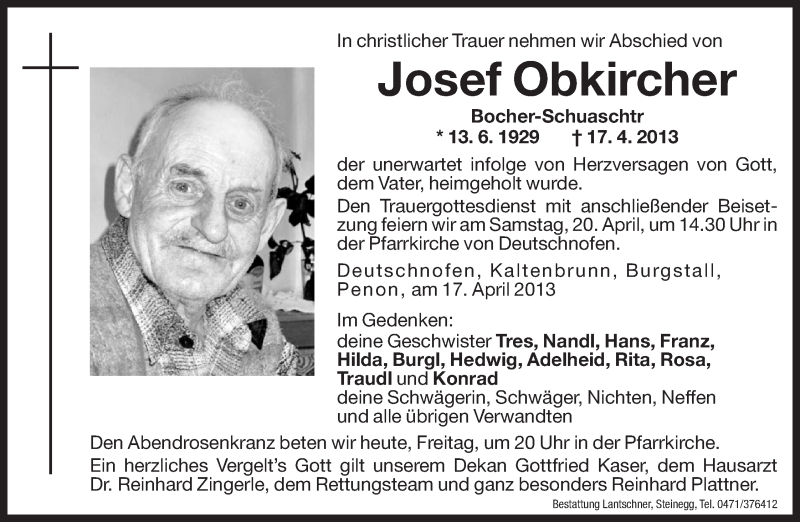  Traueranzeige für Josef Obkircher vom 19.04.2013 aus Dolomiten