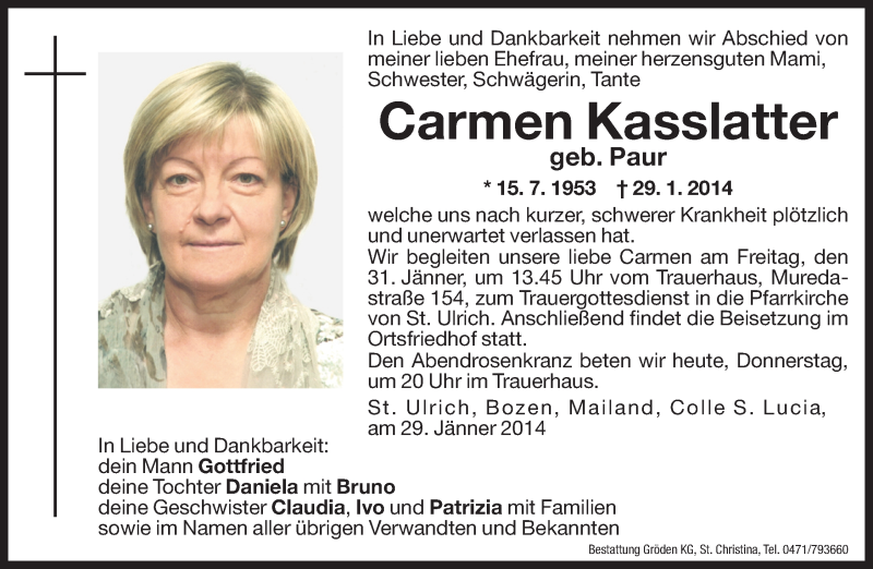  Traueranzeige für Carmen Kasslatter vom 30.01.2014 aus Dolomiten