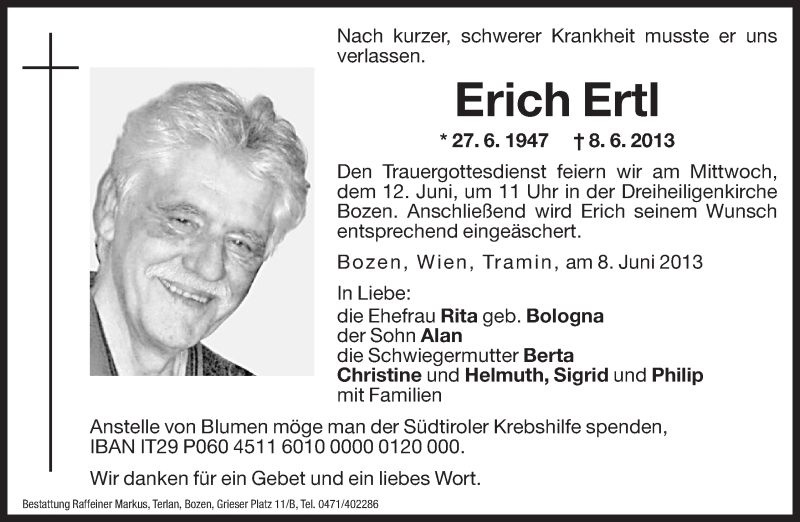  Traueranzeige für Erich Ertl vom 11.06.2013 aus Dolomiten