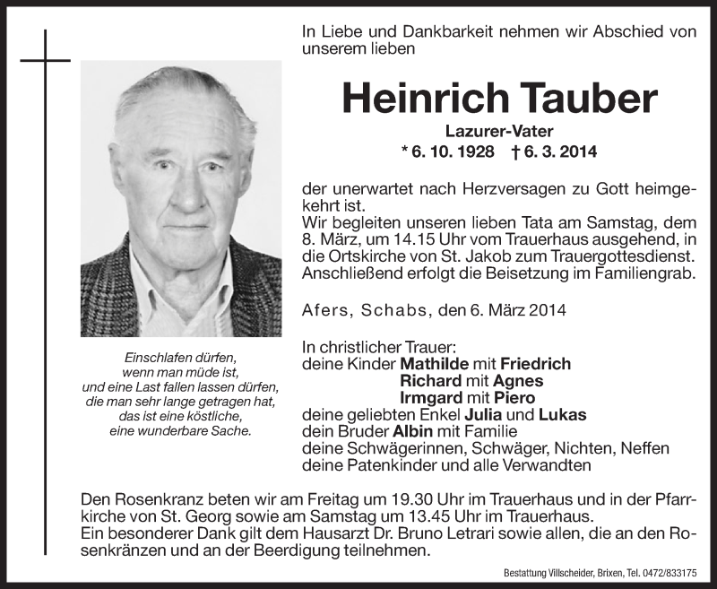  Traueranzeige für Heinrich Tauber vom 07.03.2014 aus Dolomiten