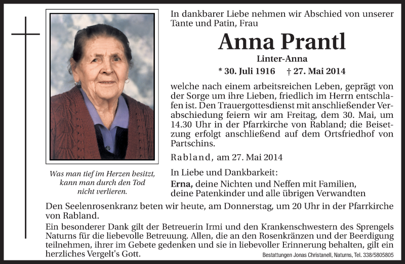  Traueranzeige für Anna Prantl vom 29.05.2014 aus Dolomiten
