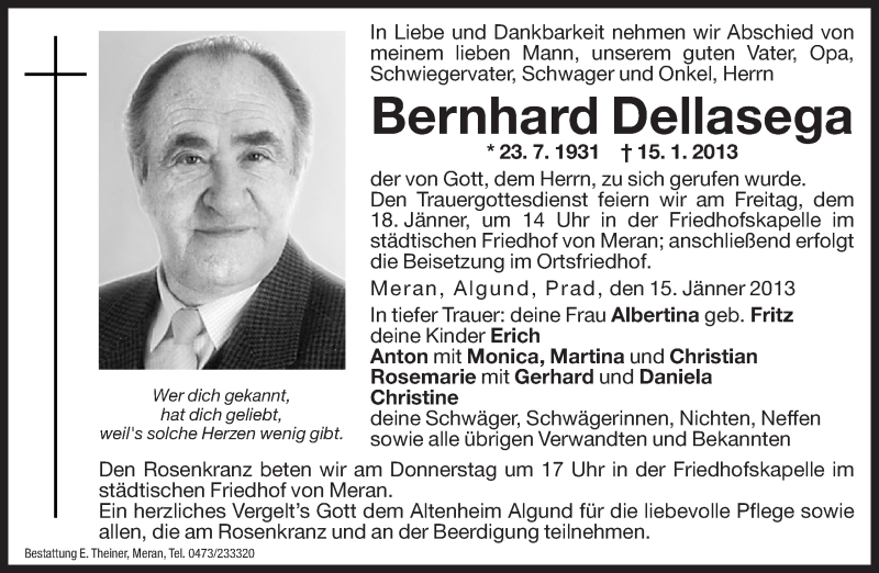  Traueranzeige für Bernhard Dellasega vom 16.01.2013 aus Dolomiten