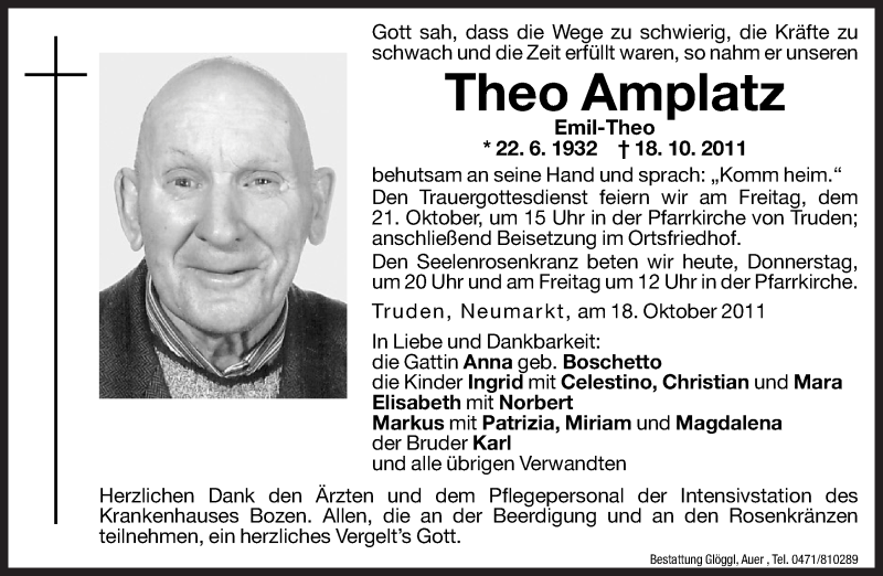  Traueranzeige für Theo Amplatz vom 20.10.2011 aus Dolomiten