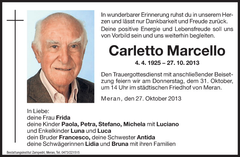  Traueranzeige für Carletto Marcello vom 29.10.2013 aus Dolomiten