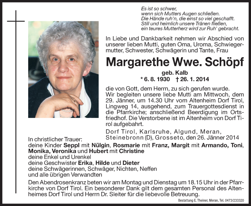  Traueranzeige für Margarethe Schöpf vom 27.01.2014 aus Dolomiten