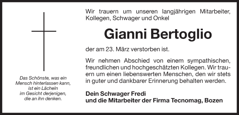  Traueranzeige für Gianni Bertoglio vom 25.03.2014 aus Dolomiten