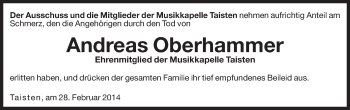 Traueranzeige von Andreas Oberhammer von Dolomiten