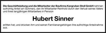 Traueranzeige von Hubert Sinner von Dolomiten