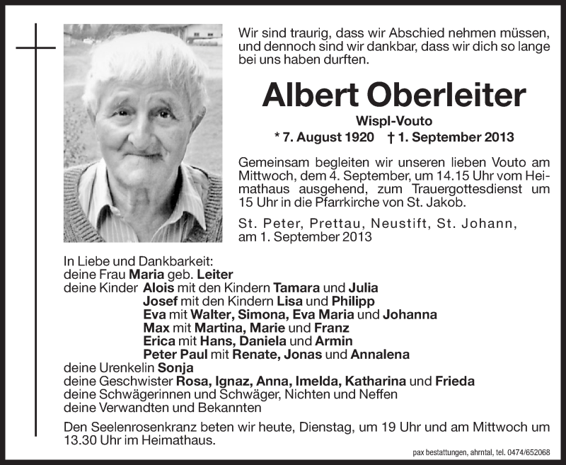  Traueranzeige für Albert Oberleiter vom 03.09.2013 aus Dolomiten