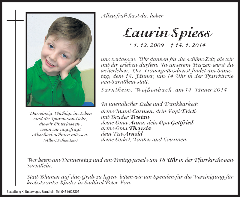  Traueranzeige für Laurin Spiess vom 16.01.2014 aus Dolomiten