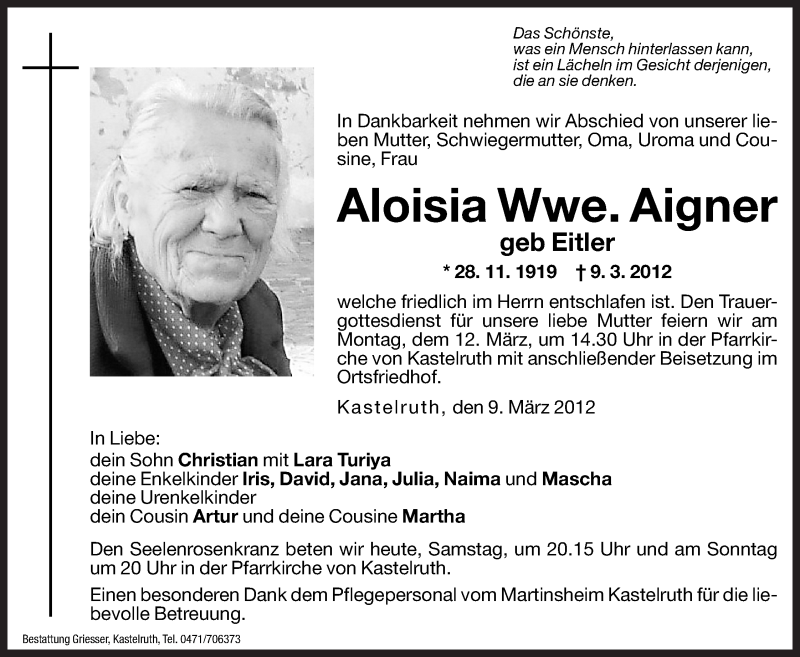  Traueranzeige für Aloisia Aigner vom 10.03.2012 aus Dolomiten