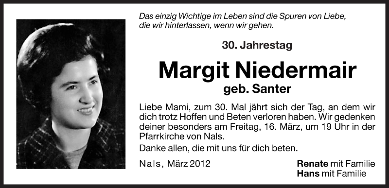  Traueranzeige für Margit Niedermair vom 10.03.2012 aus Dolomiten