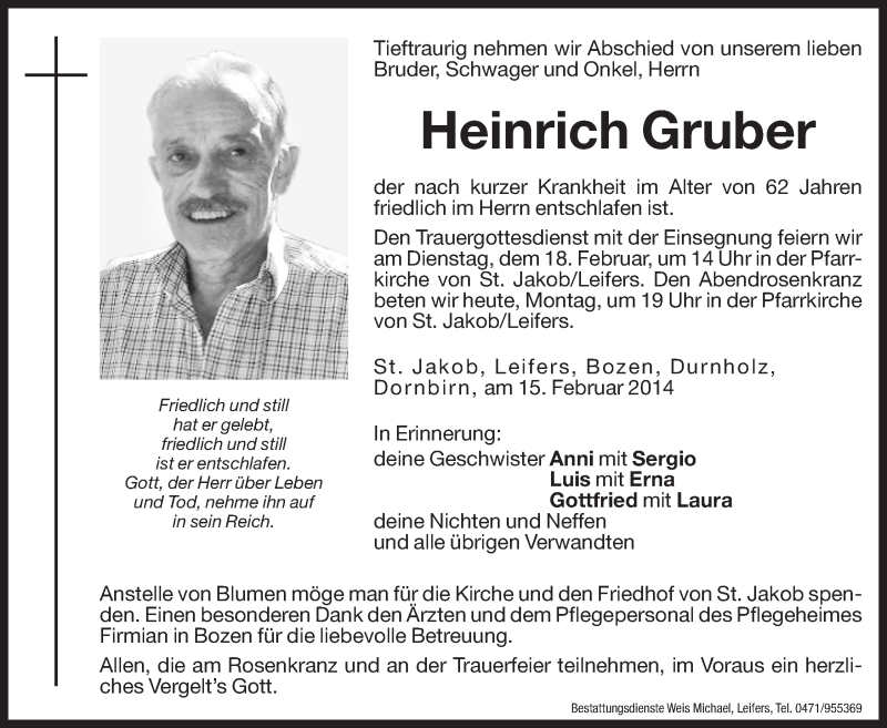  Traueranzeige für Heinrich Gruber vom 17.02.2014 aus Dolomiten