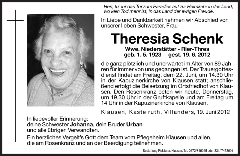  Traueranzeige für Theresia Schenk vom 21.06.2012 aus Dolomiten