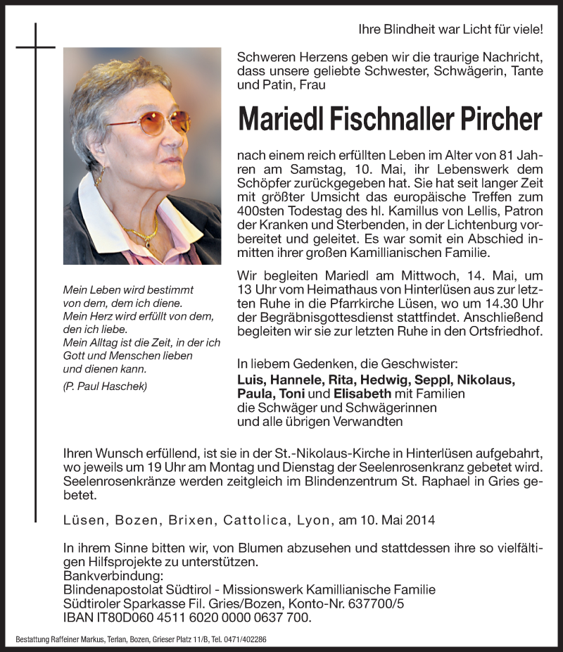  Traueranzeige für Mariedl  Fischnaller Pircher vom 12.05.2014 aus Dolomiten