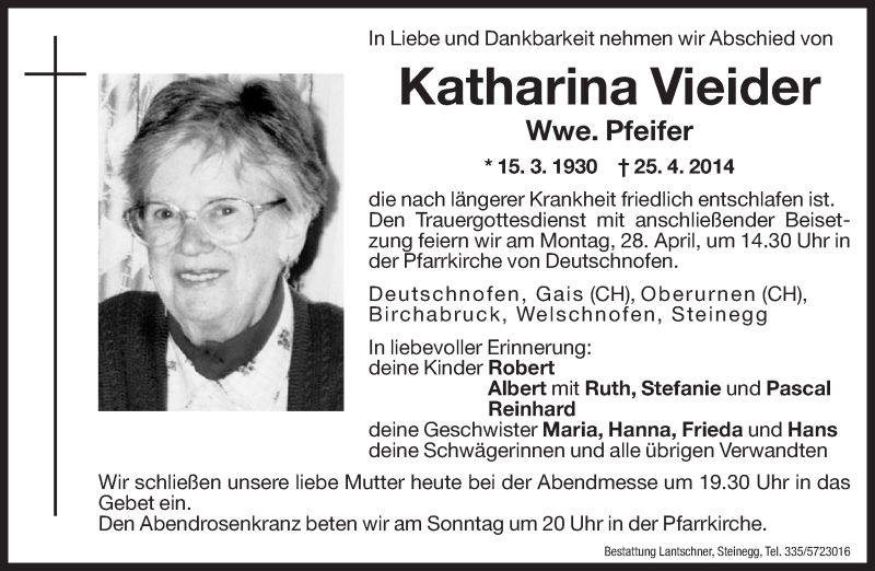  Traueranzeige für Katharina Pfeifer vom 26.04.2014 aus Dolomiten