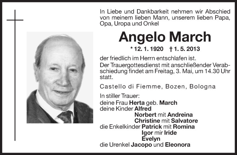  Traueranzeige für Angelo March vom 03.05.2013 aus Dolomiten