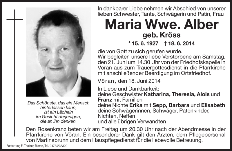  Traueranzeige für Maria Alber vom 20.06.2014 aus Dolomiten