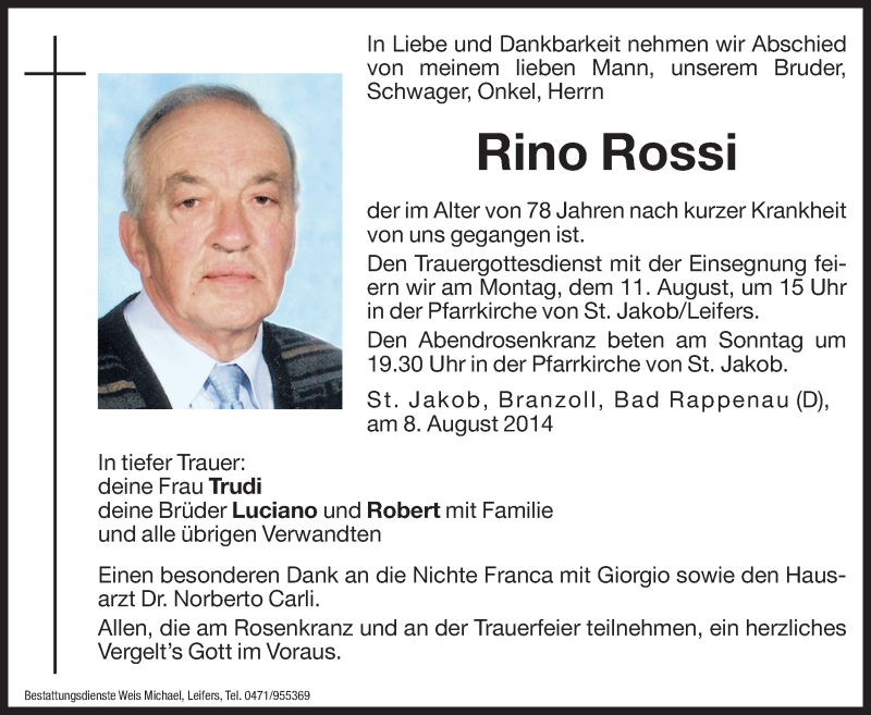  Traueranzeige für Rino Rossi vom 09.08.2014 aus Dolomiten