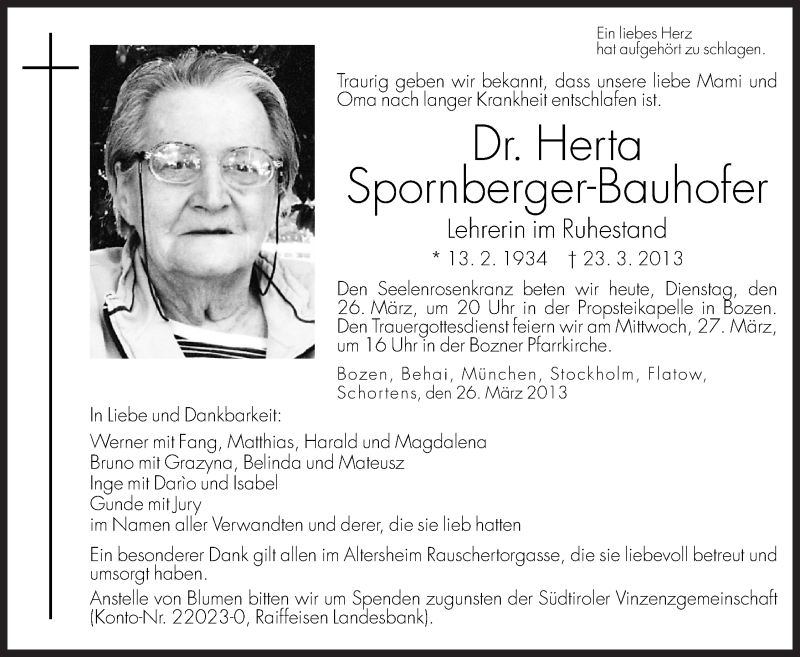  Traueranzeige für Herta Spornberger Bauhofer vom 26.03.2013 aus Dolomiten