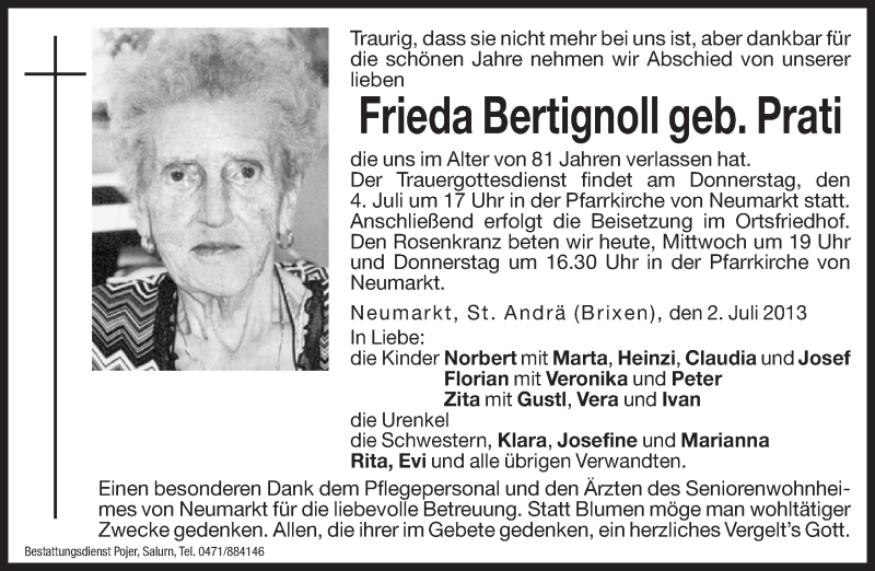  Traueranzeige für Frieda Bertignoll vom 03.07.2013 aus Dolomiten