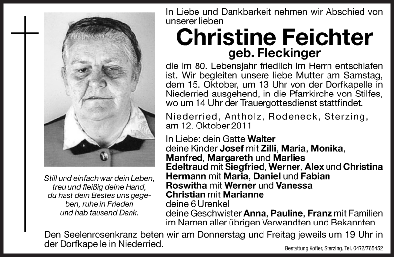  Traueranzeige für Christine Feichter vom 13.10.2011 aus Dolomiten