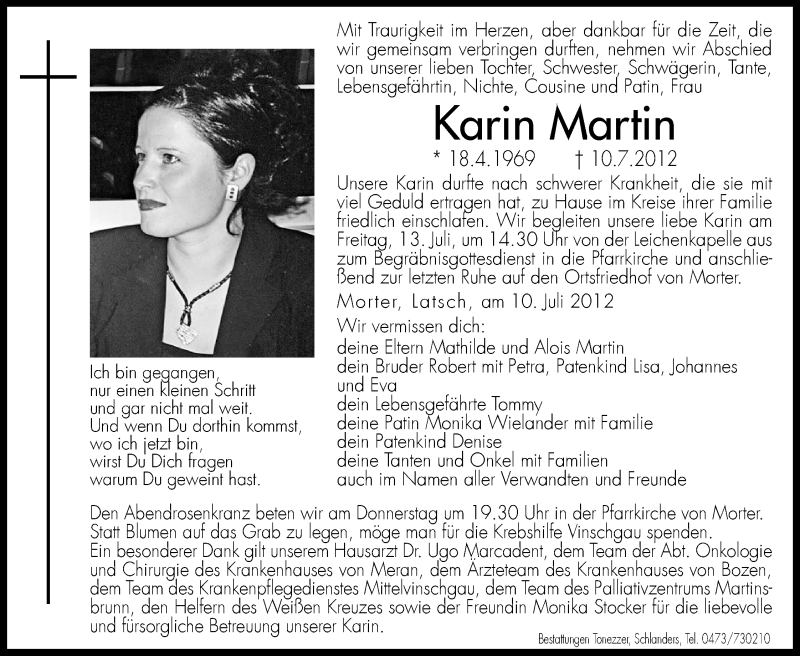  Traueranzeige für Karin Martin vom 12.07.2012 aus Dolomiten