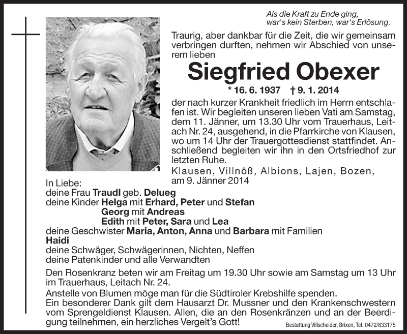  Traueranzeige für Siegfried Obexer vom 10.01.2014 aus Dolomiten