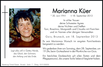 Traueranzeige von Mananna Küer von Dolomiten