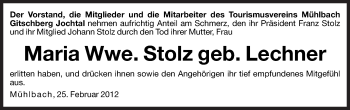 Traueranzeige von Maria Stolz von Dolomiten