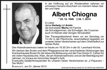 Traueranzeige von Albert Chiogna von Dolomiten