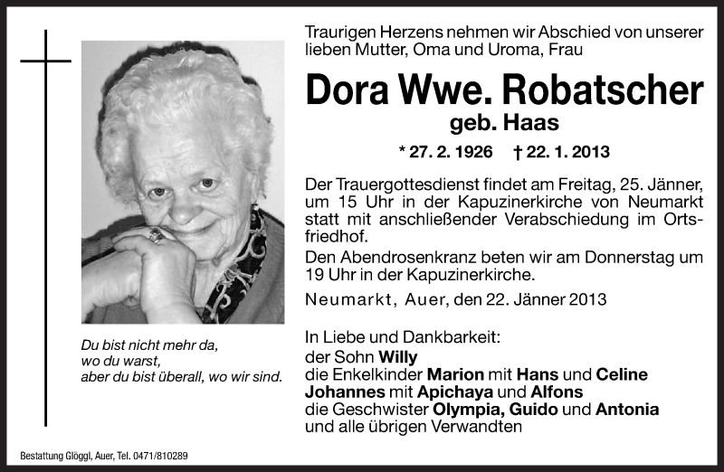  Traueranzeige für Dora Robatscher vom 23.01.2013 aus Dolomiten