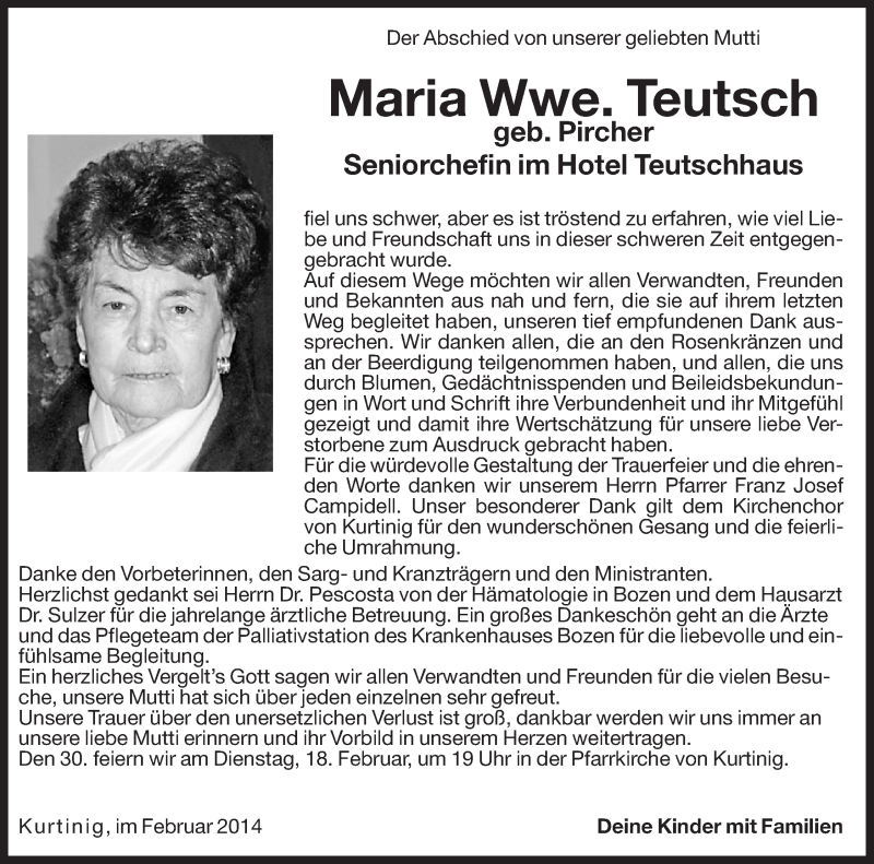  Traueranzeige für Maria Teutsch vom 07.02.2014 aus Dolomiten