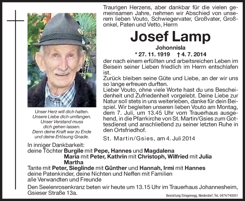  Traueranzeige für Josef Lamp vom 07.07.2014 aus Dolomiten