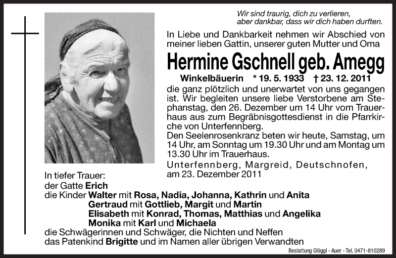  Traueranzeige für Hermine Gschnell vom 24.12.2011 aus Dolomiten