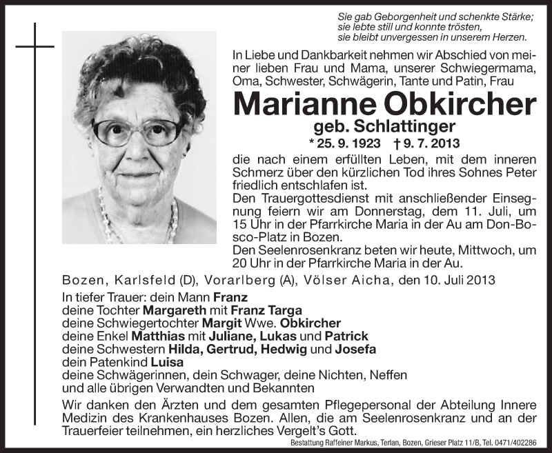  Traueranzeige für Marianne Obkircher vom 10.07.2013 aus Dolomiten