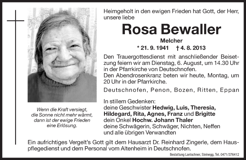  Traueranzeige für Rosa Bewaller vom 05.08.2013 aus Dolomiten