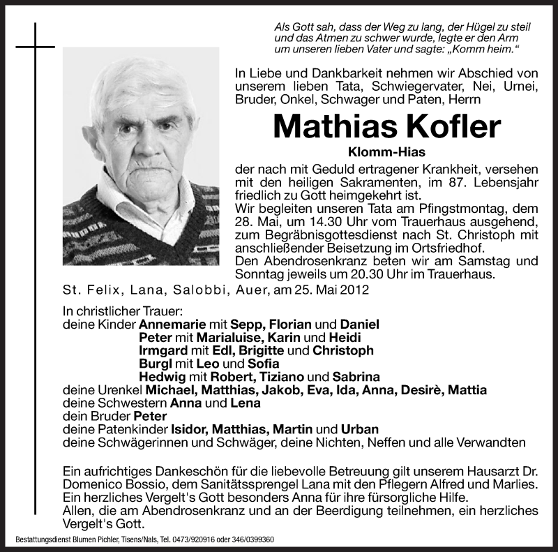  Traueranzeige für Mathias Kofler vom 26.05.2012 aus Dolomiten