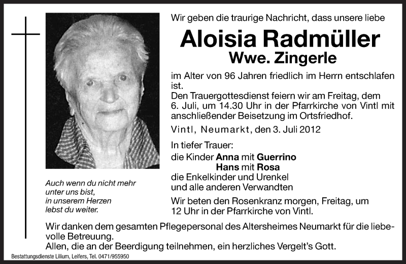  Traueranzeige für Aloisia Zingerle vom 05.07.2012 aus Dolomiten