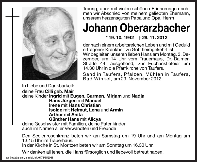  Traueranzeige für Johann Oberarzbacher vom 01.12.2012 aus Dolomiten